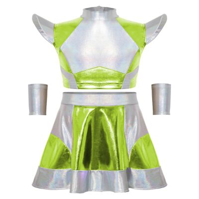 Hansber Kids 3 Pieces Shiny Metallic Dress Outerspace Robot Outfit Stage Performance Dancewear Alien Cosplay Wear Fluorescent Green 10 Years