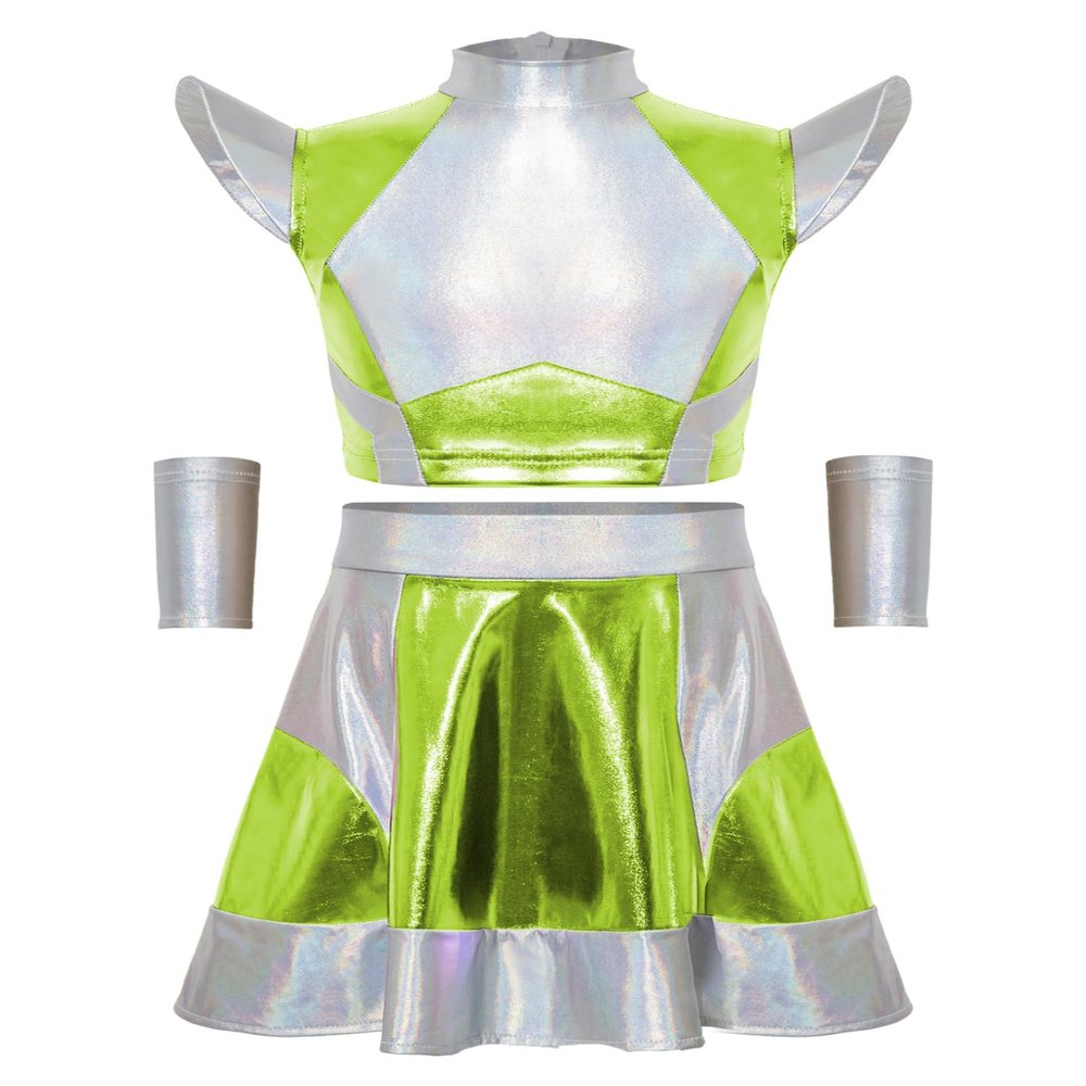 Hansber Kids 3 Pieces Shiny Metallic Dress Outerspace Robot Outfit Stage Performance Dancewear Alien Cosplay Wear Fluorescent Green 10 Years