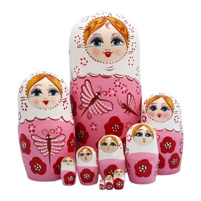 Nesting Dolls, 10 Pieces Wooden Russian Nesting Dolls Set, Hand Painted Stacking Toy Charming Printing for Collection Decor, Pink