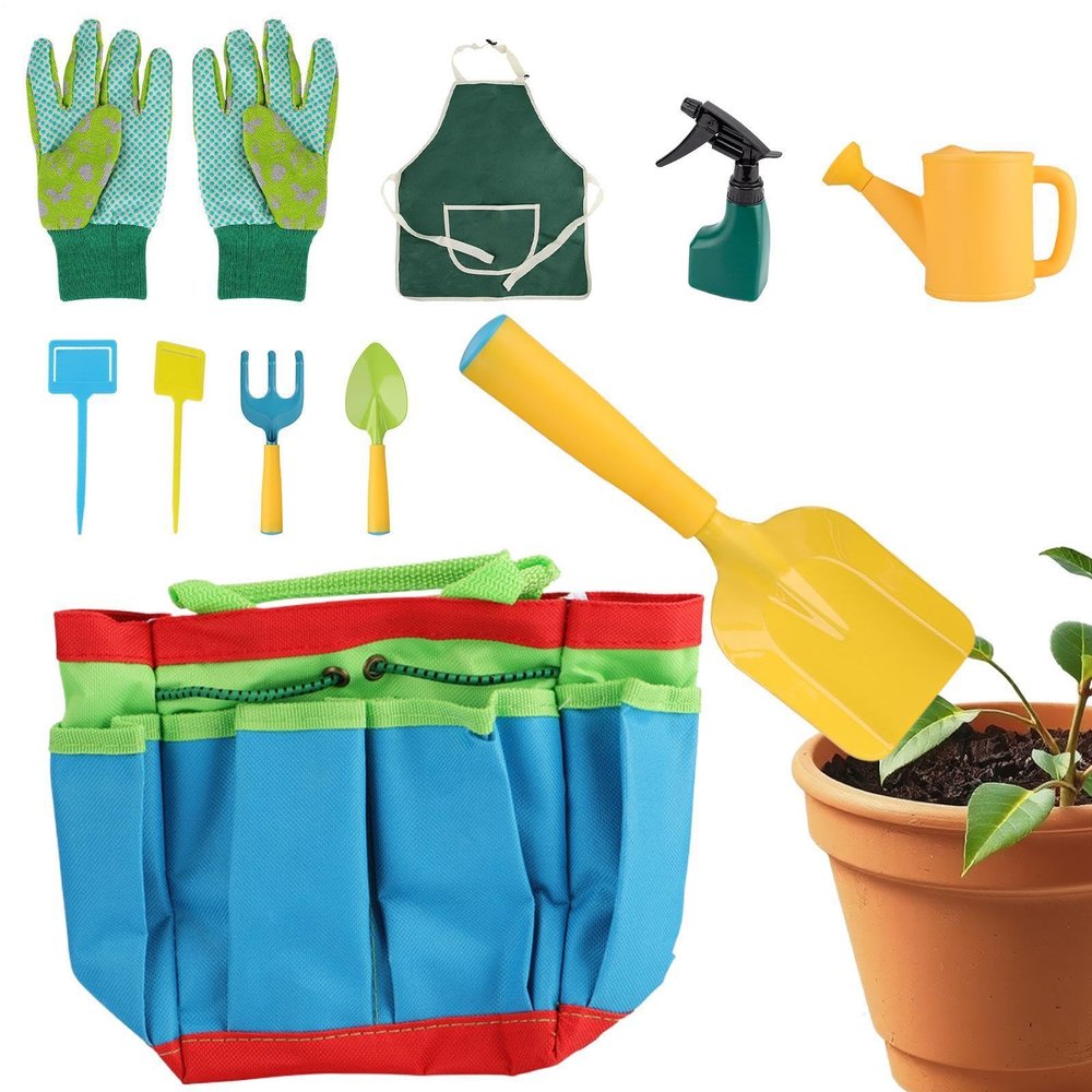 Gardening Tools for Kids 10 Piece Outdoor Garden Set 22x19x12cm 680g | Watering Can Shovel Rake Apron Flower Pot | Kids Gardening Kit for Boys Girls Outdoor Lawn Yard Beach Farm Play