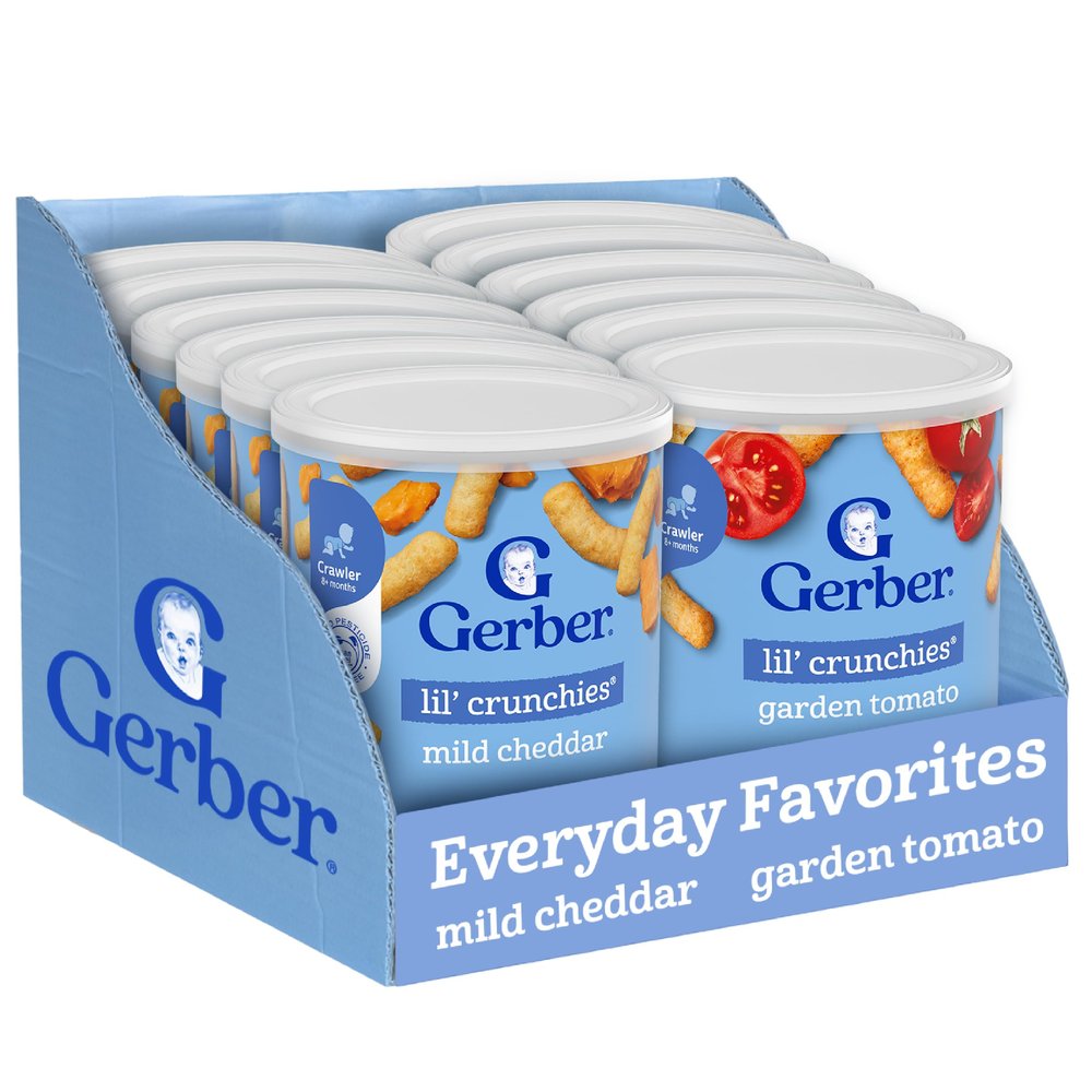 Gerber Lil' Crunchies, Garden Tomato and Mild Cheddar, Snacks for Babies, Stage 3 Baby Food Snacks, Variety Pack,12-Pack