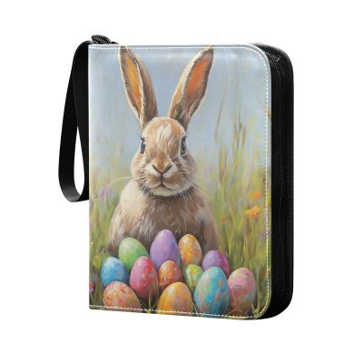 OTVEE Easter Rabbits Coloured Eggs Card Binder 4 Pocket Trading Card Binder Holder Fits 400 Cards with 50 Sleeves Card Collection Binder Album Book Holder for Baseball Football Games Cards