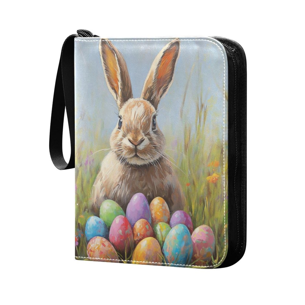 OTVEE Easter Rabbits Coloured Eggs Card Binder 4 Pocket Trading Card Binder Holder Fits 400 Cards with 50 Sleeves Card Collection Binder Album Book Holder for Baseball Football Games Cards