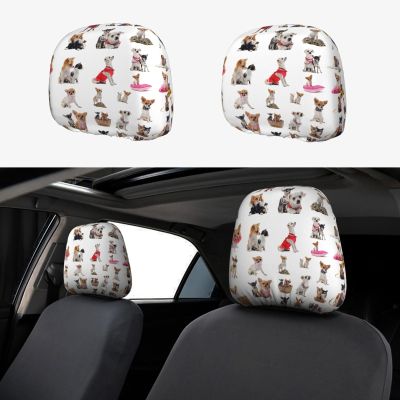 2 Pack Cute Chihuahua Pug Pattern Print Universal Car Headrest Cover Elastic, Cute Stylish Car Seat Head Rest Cover Protector, Interior Front & Rear Seat Headrest Pads Decor For Womens Car Suv Auto