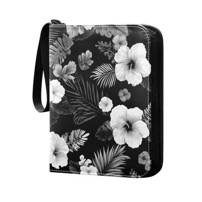 OTVEE Black White Tropical Leaves Flowers Card Binder 4 Pocket Trading Card Binder Holder Fits 400 Cards with 50 Sleeves Card Collection Binder Album Book Holder for Baseball Football Games Cards
