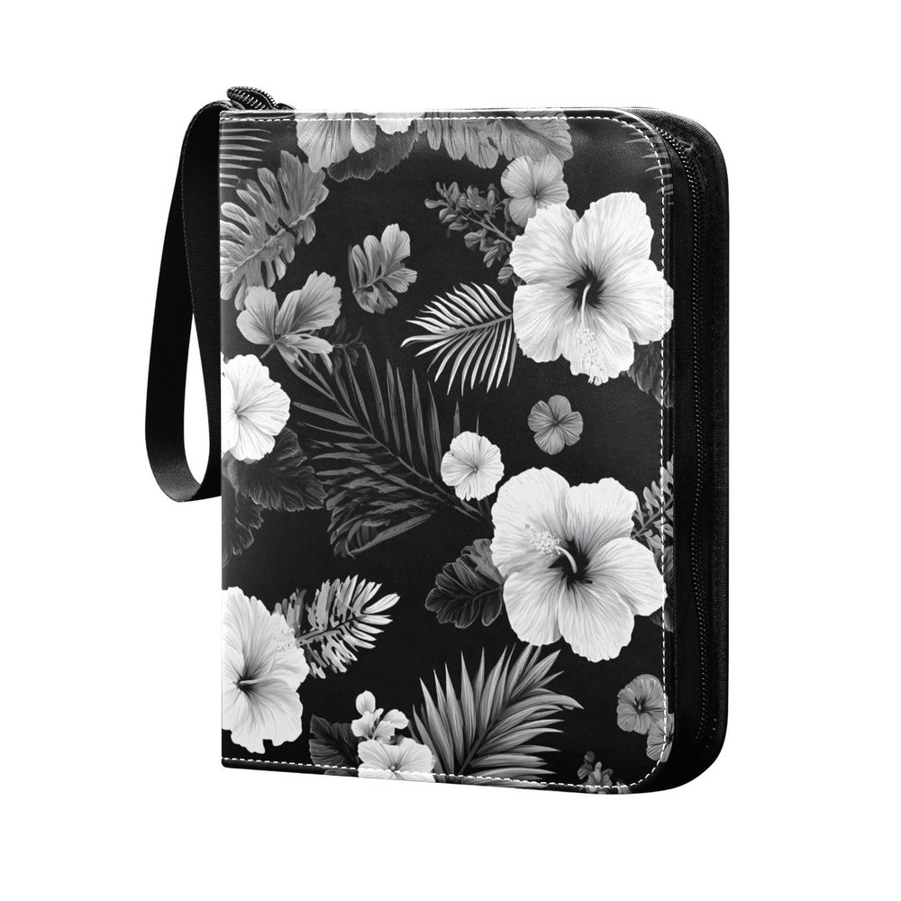 OTVEE Black White Tropical Leaves Flowers Card Binder 4 Pocket Trading Card Binder Holder Fits 400 Cards with 50 Sleeves Card Collection Binder Album Book Holder for Baseball Football Games Cards