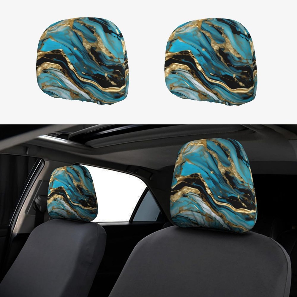 2 Pack Turquoise Blue Gold Marble Print Universal Car Headrest Cover Elastic, Cute Stylish Car Seat Head Rest Cover Protector, Interior Front & Rear Seat Headrest Pads Decor For Womens Car Suv Auto