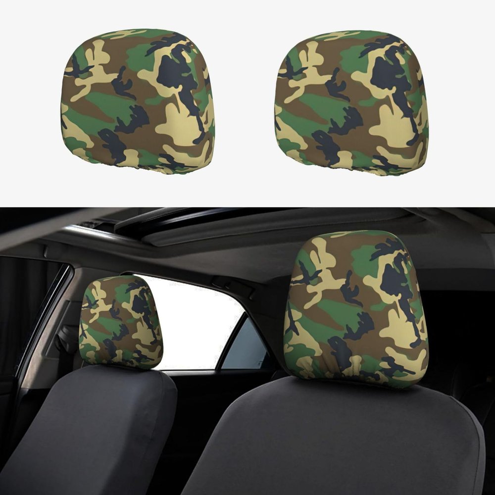 hgnblsip 2 Pack Green Military Camo Print Universal Car Headrest Cover Elastic, Cute Stylish Car Seat Head Rest Cover Protector, Interior Front & Rear Seat Headrest Pads Decor for Womens Car SUV Auto