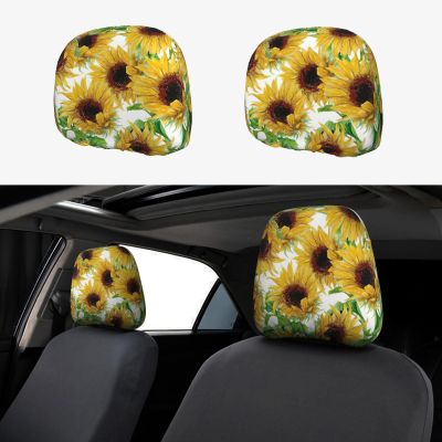hgnblsip 2 Pack Yellow Sunflowers Print Universal Car Headrest Cover Elastic, Cute Stylish Car Seat Head Rest Cover Protector, Interior Front & Rear Seat Headrest Pads Decor for Womens Car SUV Auto