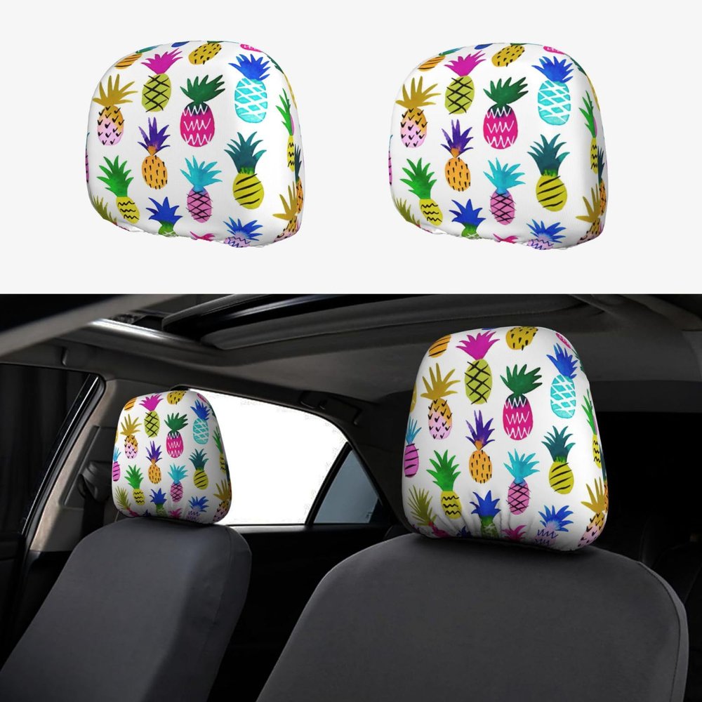 hgnblsip 2 Pack Rainbow Pineapple Print Universal Car Headrest Cover Elastic, Cute Stylish Car Seat Head Rest Cover Protector, Interior Front & Rear Seat Headrest Pads Decor for Womens Car SUV Auto