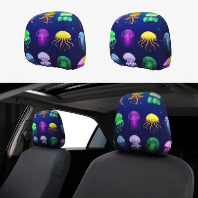 hgnblsip 2 Pack Jellyfish Ocean Print Universal Car Headrest Cover Elastic, Cute Stylish Car Seat Head Rest Cover Protector, Interior Front & Rear Seat Headrest Pads Decor for Womens Car SUV Auto