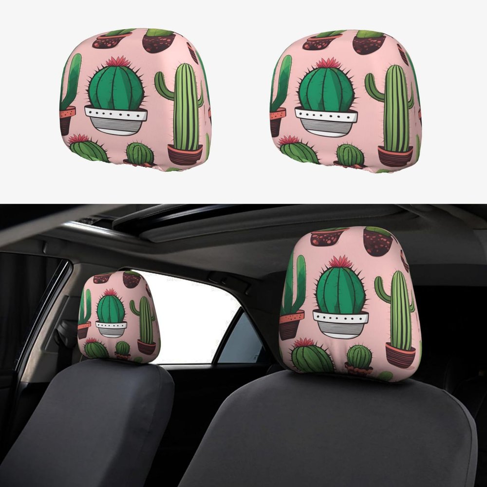 hgnblsip 2 Pack Cute Cactus 1 Print Universal Car Headrest Cover Elastic, Cute Stylish Car Seat Head Rest Cover Protector, Interior Front & Rear Seat Headrest Pads Decor for Womens Car SUV Auto