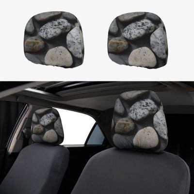 2 Pack Pebble Stone Pattern Print Universal Car Headrest Cover Elastic, Cute Stylish Car Seat Head Rest Cover Protector, Interior Front & Rear Seat Headrest Pads Decor For Womens Car Suv Auto