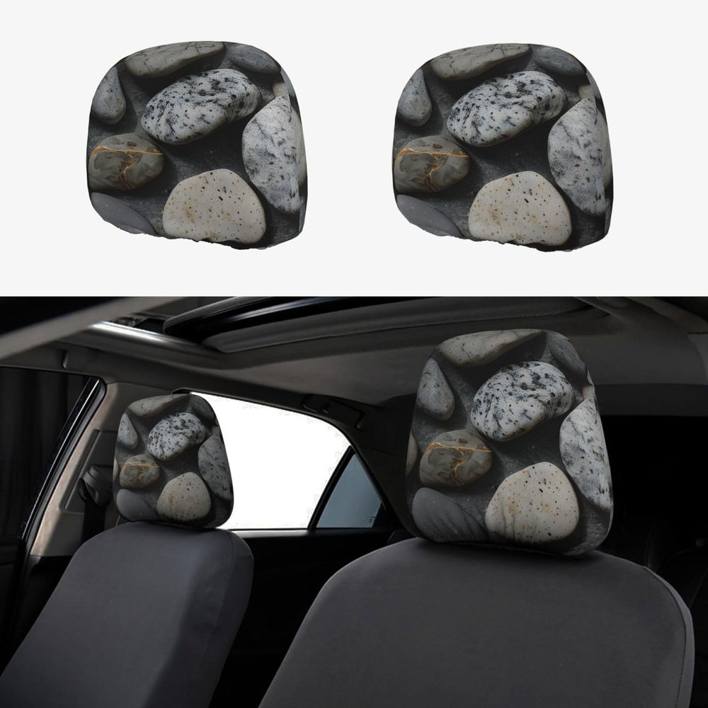 2 Pack Pebble Stone Pattern Print Universal Car Headrest Cover Elastic, Cute Stylish Car Seat Head Rest Cover Protector, Interior Front & Rear Seat Headrest Pads Decor For Womens Car Suv Auto