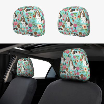 2 Pack Sweet Basset Hound Florals Print Universal Car Headrest Cover Elastic, Cute Stylish Car Seat Head Rest Cover Protector, Interior Front & Rear Seat Headrest Pads Decor For Womens Car Suv Auto