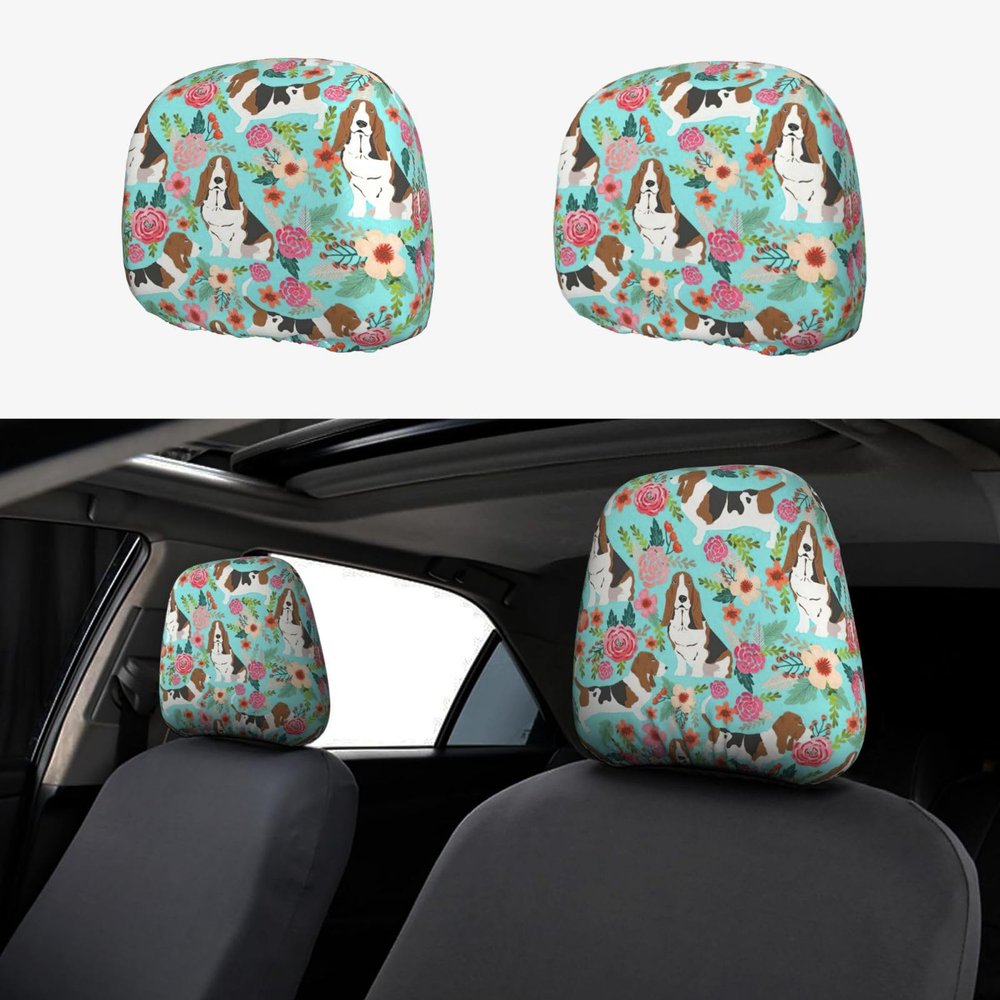2 Pack Sweet Basset Hound Florals Print Universal Car Headrest Cover Elastic, Cute Stylish Car Seat Head Rest Cover Protector, Interior Front & Rear Seat Headrest Pads Decor For Womens Car Suv Auto