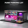 SOCANGJIA 1/64 Scale Cyberpunk Neon Garage Diorama, LED Lighted Miniature Street Auto Repair Bar Scene Model, Diecast Toy Car Parking Display Building view 2