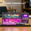 SOCANGJIA 1/64 Scale Cyberpunk Neon Garage Diorama, LED Lighted Miniature Street Auto Repair Bar Scene Model, Diecast Toy Car Parking Display Building view 3