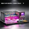SOCANGJIA 1/64 Scale Cyberpunk Neon Garage Diorama, LED Lighted Miniature Street Auto Repair Bar Scene Model, Diecast Toy Car Parking Display Building view 4