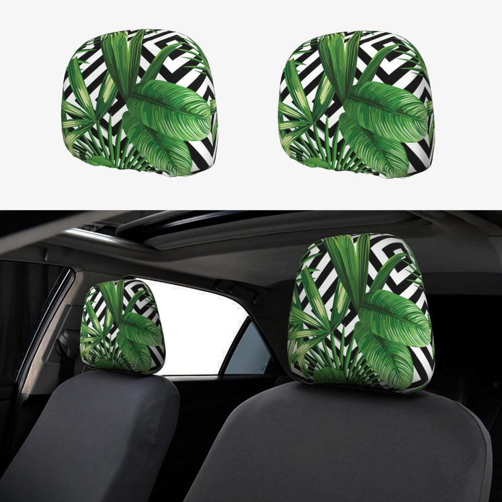 hgnblsip 2 Pack Tropical Leaves Print Universal Car Headrest Cover Elastic, Cute Stylish Car Seat Head Rest Cover Protector, Interior Front & Rear Seat Headrest Pads Decor for Womens Car SUV Auto