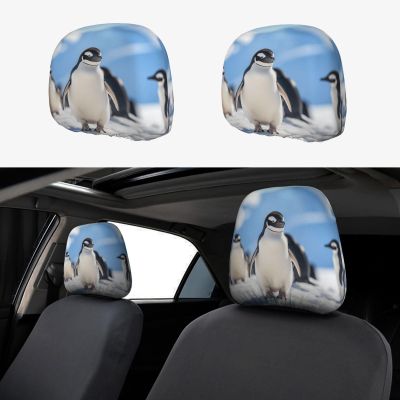 2 Pack Snow Mountain Penguin Print Universal Car Headrest Cover Elastic, Cute Stylish Car Seat Head Rest Cover Protector, Interior Front & Rear Seat Headrest Pads Decor For Womens Car Suv Auto