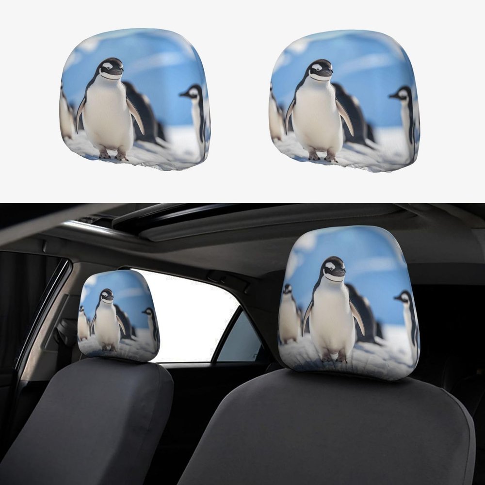 2 Pack Snow Mountain Penguin Print Universal Car Headrest Cover Elastic, Cute Stylish Car Seat Head Rest Cover Protector, Interior Front & Rear Seat Headrest Pads Decor For Womens Car Suv Auto