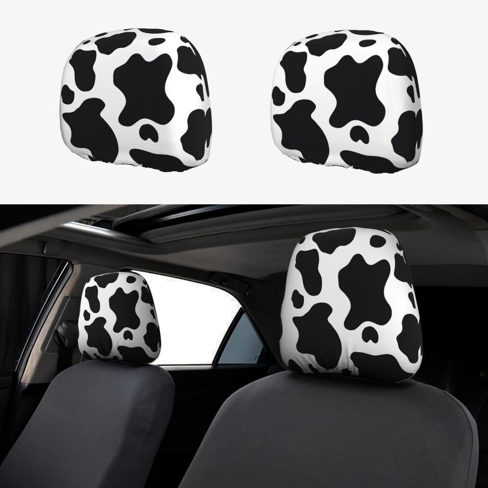 hgnblsip 2 Pack Black and White Cow Print Universal Car Headrest Cover Elastic, Cute Stylish Car Seat Head Rest Cover Protector, Interior Front & Rear Seat Headrest Pads Decor for Womens Car SUV Auto