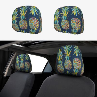 2 Pack Tropical Fruit Pineapple Print Universal Car Headrest Cover Elastic, Cute Stylish Car Seat Head Rest Cover Protector, Interior Front & Rear Seat Headrest Pads Decor For Womens Car Suv Auto