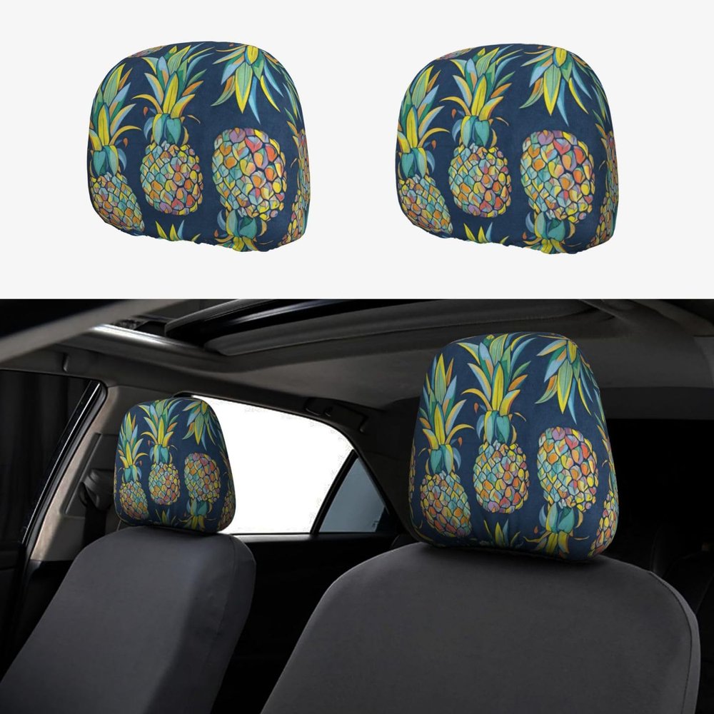 2 Pack Tropical Fruit Pineapple Print Universal Car Headrest Cover Elastic, Cute Stylish Car Seat Head Rest Cover Protector, Interior Front & Rear Seat Headrest Pads Decor For Womens Car Suv Auto