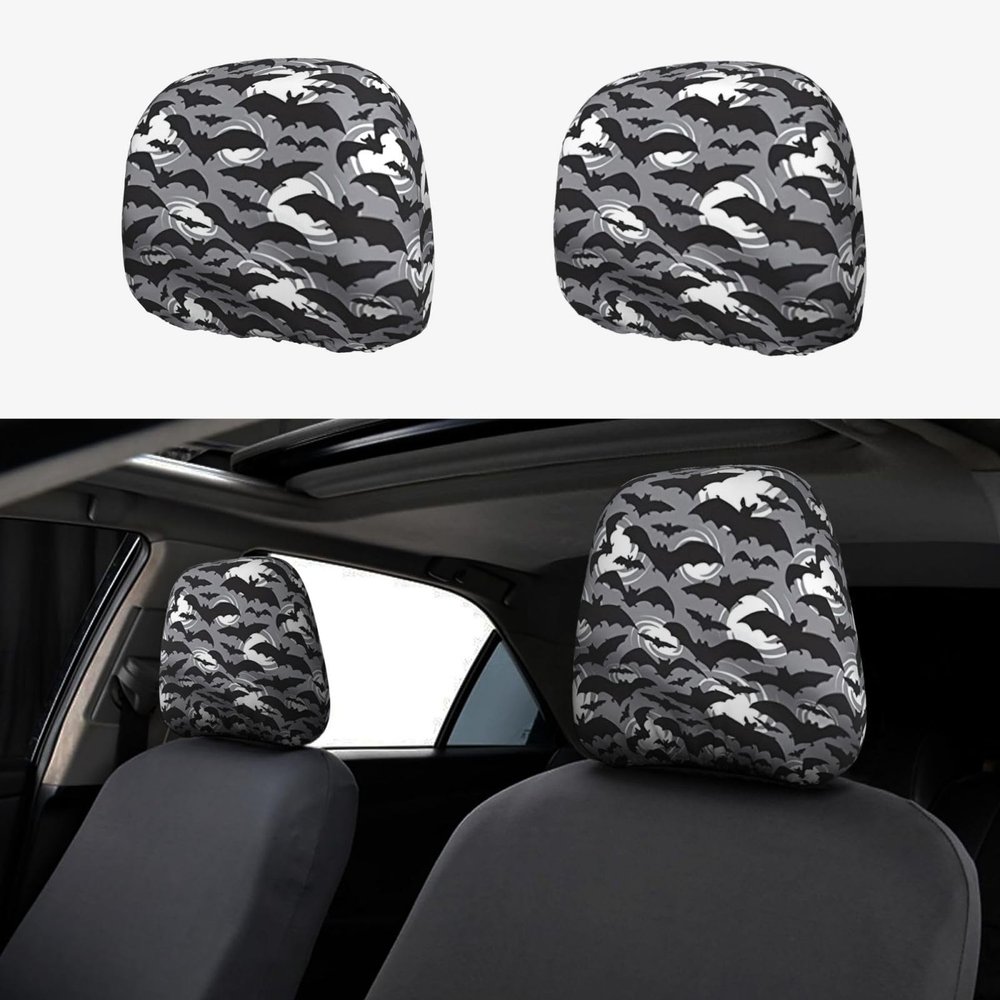 hgnblsip 2 Pack Halloween Bats Grey Print Universal Car Headrest Cover Elastic, Cute Stylish Car Seat Head Rest Cover Protector, Interior Front & Rear Seat Headrest Pads Decor for Womens Car SUV Auto