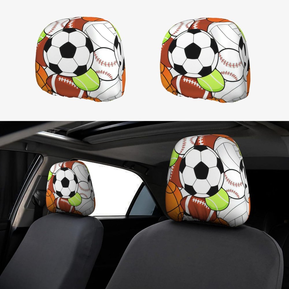 hgnblsip 2 Pack Sports Ball Print Universal Car Headrest Cover Elastic, Cute Stylish Car Seat Head Rest Cover Protector, Interior Front & Rear Seat Headrest Pads Decor for Womens Car SUV Auto