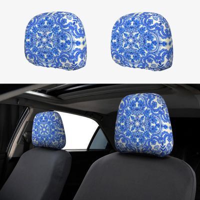 2 Pack Blue Folk Art Pattern Print Universal Car Headrest Cover Elastic, Cute Stylish Car Seat Head Rest Cover Protector, Interior Front & Rear Seat Headrest Pads Decor For Womens Car Suv Auto