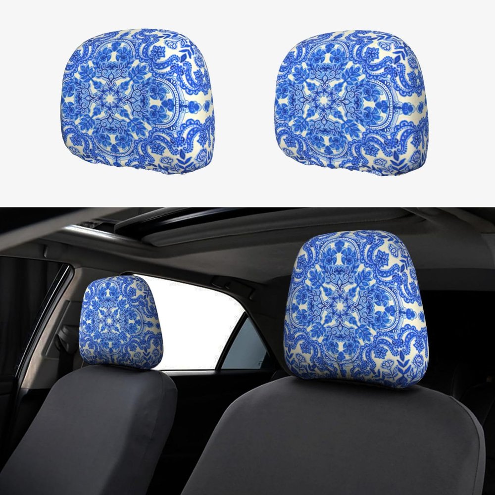 2 Pack Blue Folk Art Pattern Print Universal Car Headrest Cover Elastic, Cute Stylish Car Seat Head Rest Cover Protector, Interior Front & Rear Seat Headrest Pads Decor For Womens Car Suv Auto