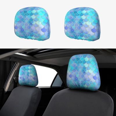 hgnblsip 2 Pack Gold Mermaid Scale Print Universal Car Headrest Cover Elastic, Cute Stylish Car Seat Head Rest Cover Protector, Interior Front & Rear Seat Headrest Pads Decor for Womens Car SUV Auto