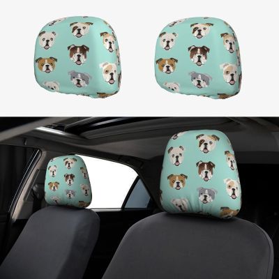 2 Pack Funny English Bulldog Print Universal Car Headrest Cover Elastic, Cute Stylish Car Seat Head Rest Cover Protector, Interior Front & Rear Seat Headrest Pads Decor For Womens Car Suv Auto