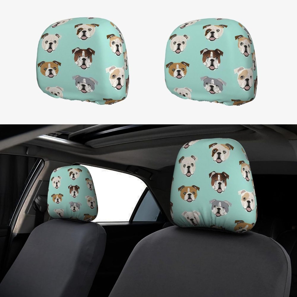 2 Pack Funny English Bulldog Print Universal Car Headrest Cover Elastic, Cute Stylish Car Seat Head Rest Cover Protector, Interior Front & Rear Seat Headrest Pads Decor For Womens Car Suv Auto