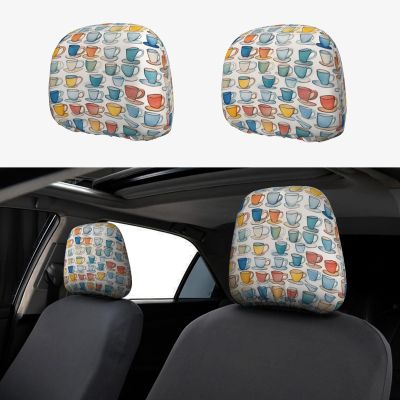 2 Pack Hand Drawn Teapots And Cups Print Universal Car Headrest Cover Elastic, Cute Stylish Car Seat Head Rest Cover Protector, Interior Front & Rear Seat Headrest Pads Decor For Womens Car Suv Auto