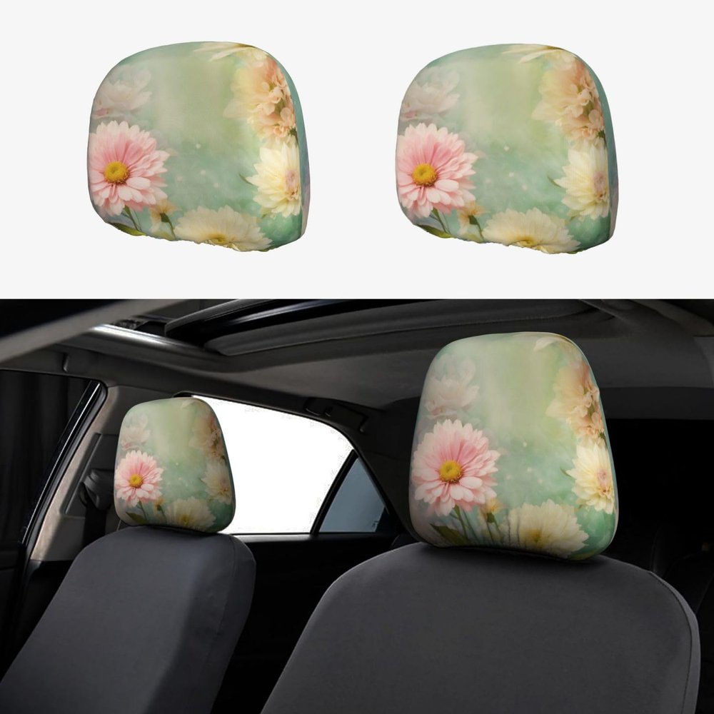 2 Pack Floral Flowers Daisies Print Universal Car Headrest Cover Elastic, Cute Stylish Car Seat Head Rest Cover Protector, Interior Front & Rear Seat Headrest Pads Decor For Womens Car Suv Auto