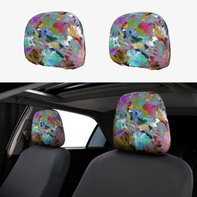 hgnblsip 2 Pack Colored Flower Print Universal Car Headrest Cover Elastic, Cute Stylish Car Seat Head Rest Cover Protector, Interior Front & Rear Seat Headrest Pads Decor for Womens Car SUV Auto