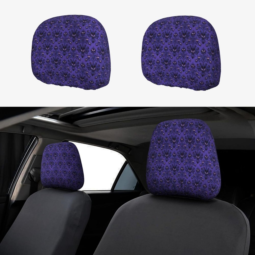 hgnblsip 2 Pack Haunted Mansion Print Universal Car Headrest Cover Elastic, Cute Stylish Car Seat Head Rest Cover Protector, Interior Front & Rear Seat Headrest Pads Decor for Womens Car SUV Auto