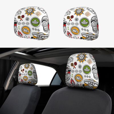 2 Pack Mexican Salsa Symbols Print Universal Car Headrest Cover Elastic, Cute Stylish Car Seat Head Rest Cover Protector, Interior Front & Rear Seat Headrest Pads Decor For Womens Car Suv Auto