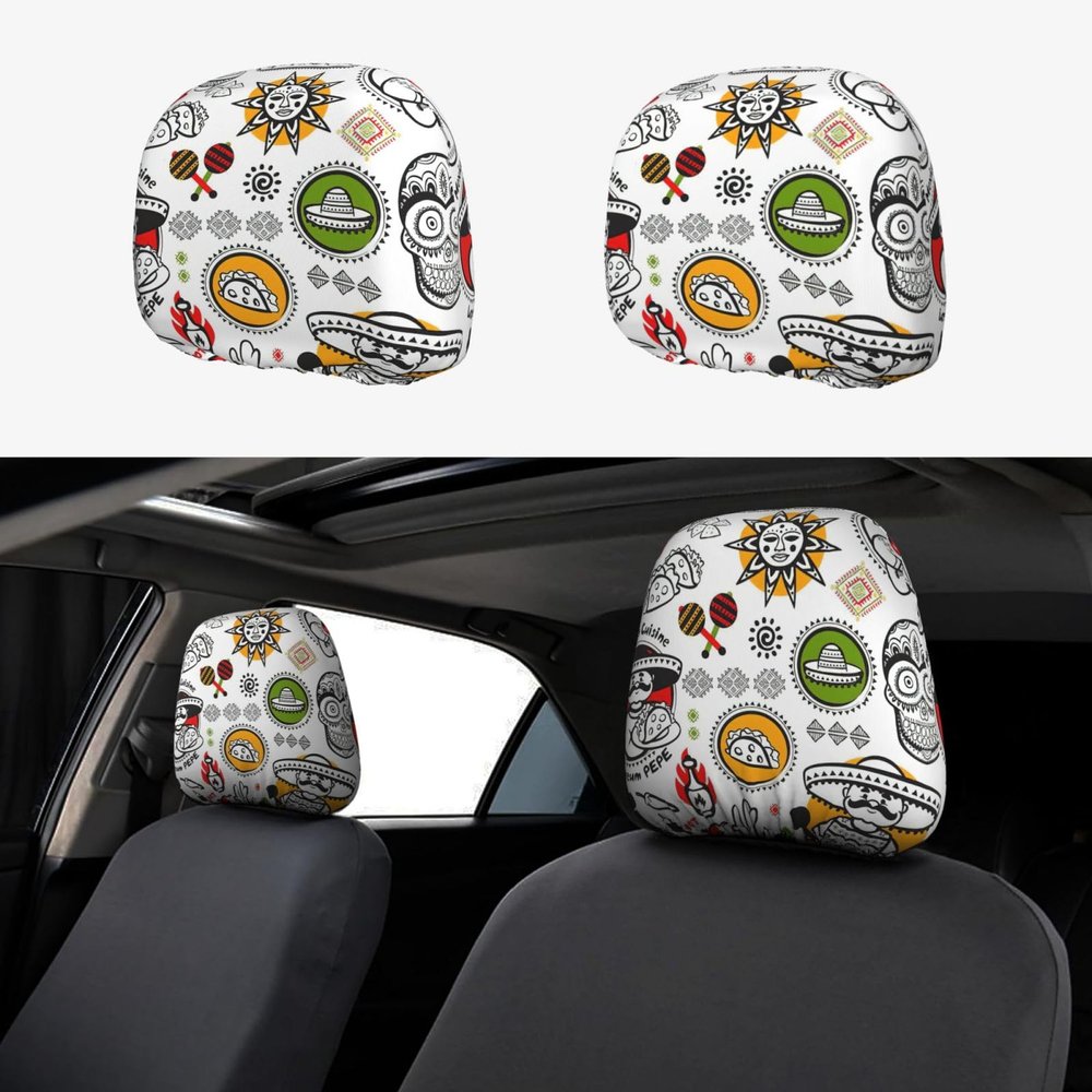 2 Pack Mexican Salsa Symbols Print Universal Car Headrest Cover Elastic, Cute Stylish Car Seat Head Rest Cover Protector, Interior Front & Rear Seat Headrest Pads Decor For Womens Car Suv Auto