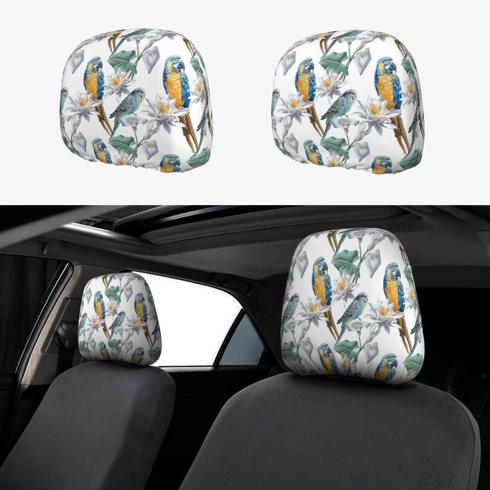 hgnblsip 2 Pack Parrots On Branches Print Universal Car Headrest Cover Elastic, Cute Stylish Car Seat Head Rest Cover Protector, Interior Front & Rear Seat Headrest Pads Decor for Womens Car SUV Auto