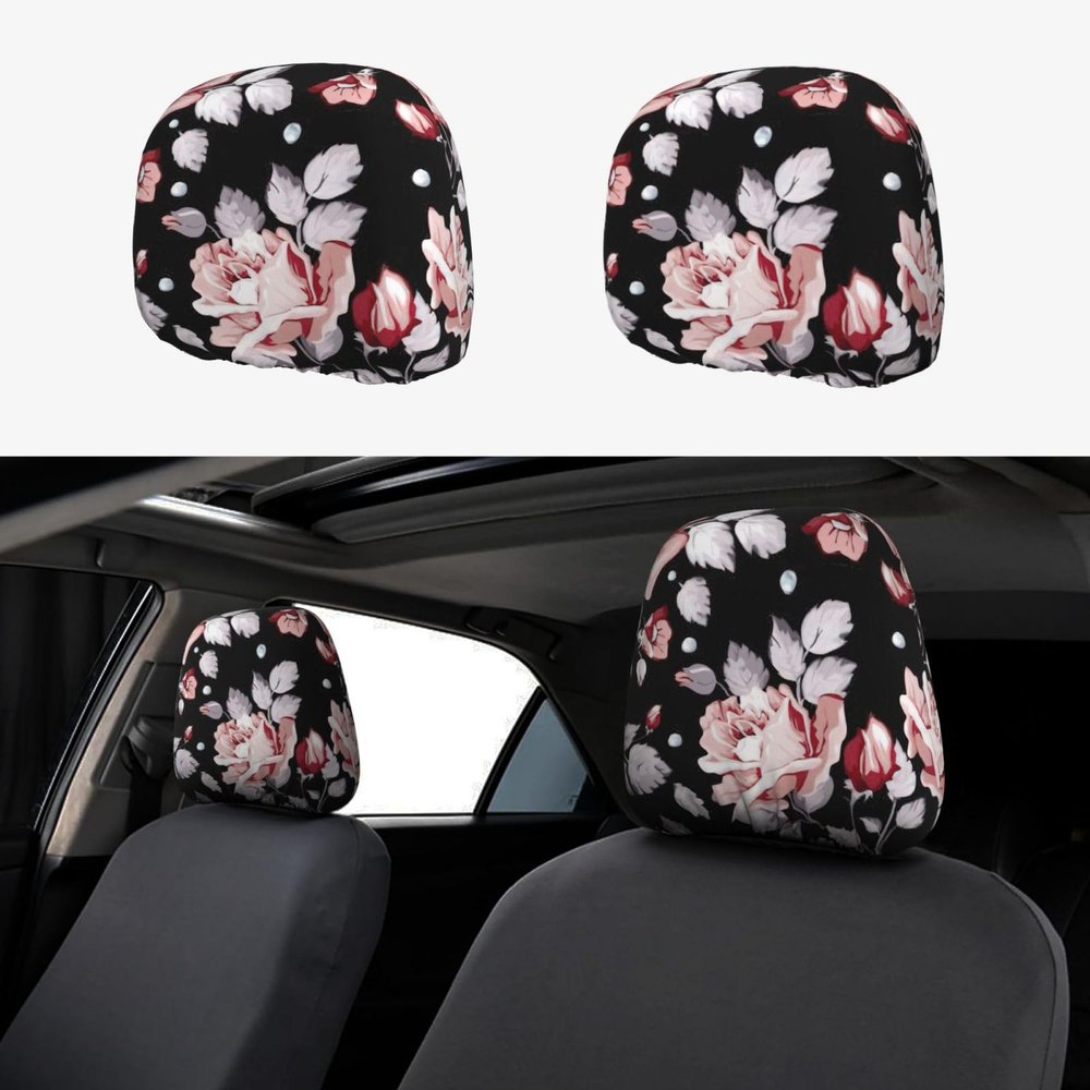 hgnblsip 2 Pack Pink Flower Print Universal Car Headrest Cover Elastic, Cute Stylish Car Seat Head Rest Cover Protector, Interior Front & Rear Seat Headrest Pads Decor for Womens Car SUV Auto