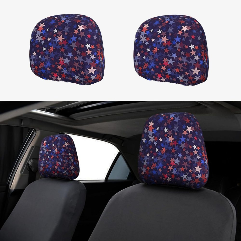 2 Pack Red Blue Stars American Print Universal Car Headrest Cover Elastic, Cute Stylish Car Seat Head Rest Cover Protector, Interior Front & Rear Seat Headrest Pads Decor For Womens Car Suv Auto