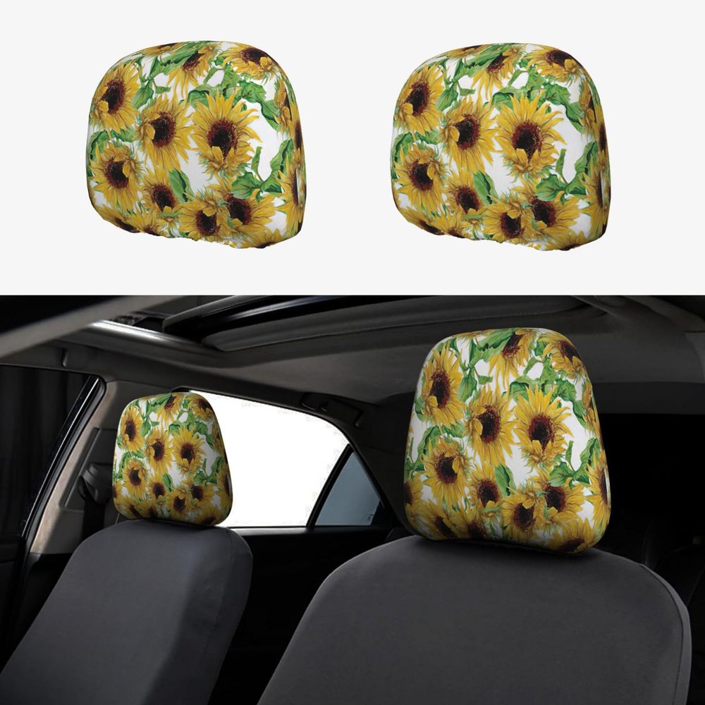 hgnblsip 2 Pack Sunflower.1 Print Universal Car Headrest Cover Elastic, Cute Stylish Car Seat Head Rest Cover Protector, Interior Front & Rear Seat Headrest Pads Decor for Womens Car SUV Auto