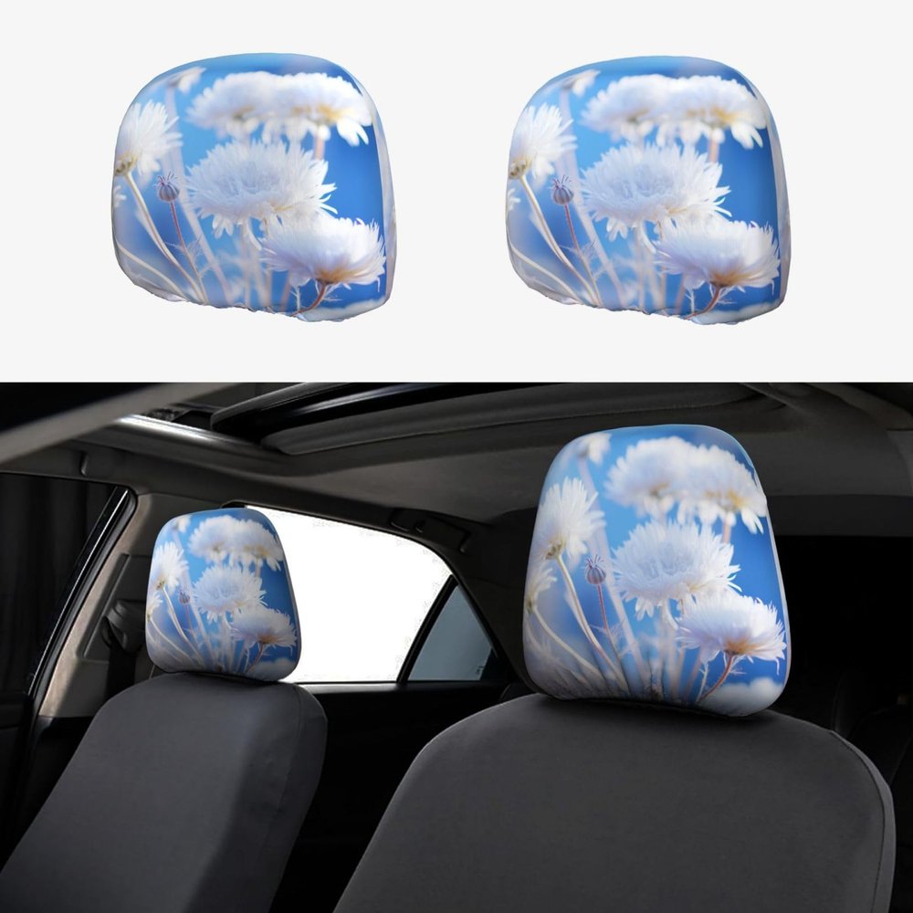 hgnblsip 2 Pack Blue White Flower Print Universal Car Headrest Cover Elastic, Cute Stylish Car Seat Head Rest Cover Protector, Interior Front & Rear Seat Headrest Pads Decor for Womens Car SUV Auto
