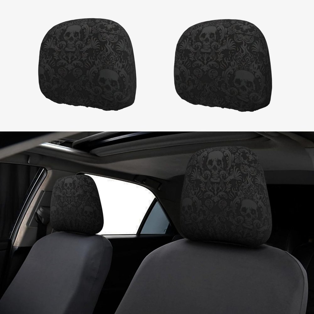 2 Pack Gothic Wallpaper Skull Print Universal Car Headrest Cover Elastic, Cute Stylish Car Seat Head Rest Cover Protector, Interior Front & Rear Seat Headrest Pads Decor For Womens Car Suv Auto
