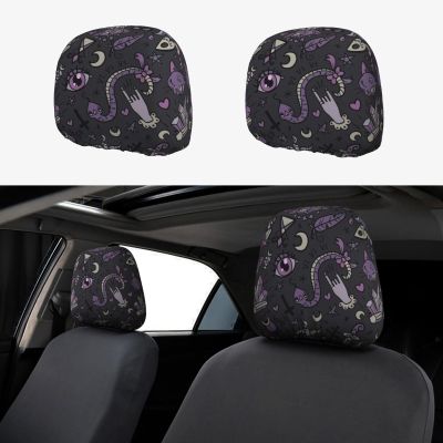 2 Pack Purple Black Goth Spooky Print Universal Car Headrest Cover Elastic, Cute Stylish Car Seat Head Rest Cover Protector, Interior Front & Rear Seat Headrest Pads Decor For Womens Car Suv Auto