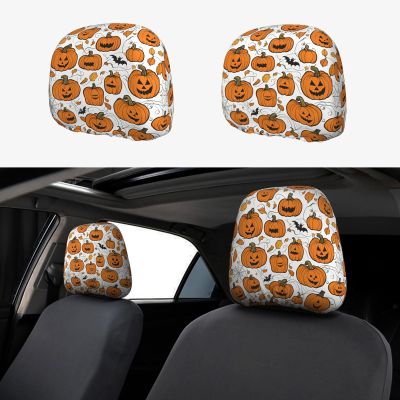 2 Pack Halloween Pumpkin Patterns Print Universal Car Headrest Cover Elastic, Cute Stylish Car Seat Head Rest Cover Protector, Interior Front & Rear Seat Headrest Pads Decor For Womens Car Suv Auto